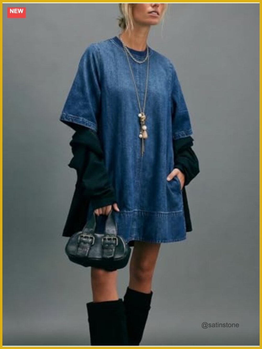 Short Sleeve Denim Dress Crew Neck Loose Fit Jean Mini Dress with Pockets - Picture 4 of 4